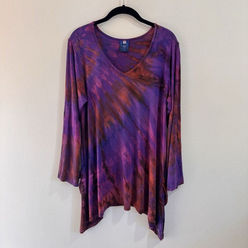 Vintage Y2K Blue Gecko Shirt Tunic L Tie Dye Red Purple Long Sleeve V-neck Boho